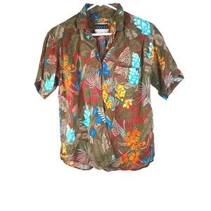 Sandra Ingrish Sort Women's Sz L Tan Brown Floral Tropical Shirt